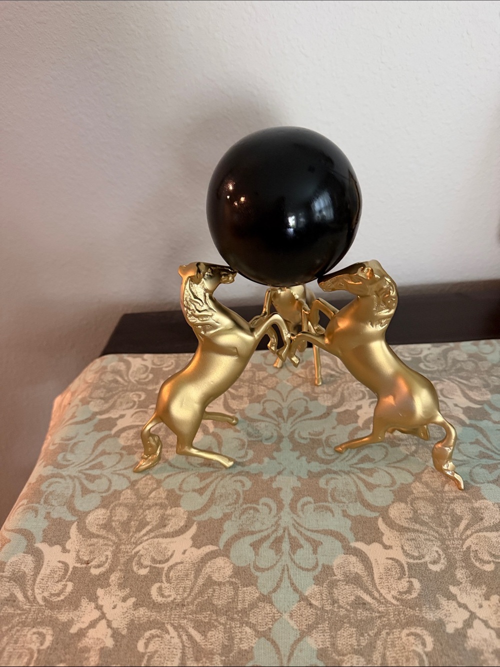 Vintage Gold Painted Brass Horse Sculpture with Black Painted Orb
